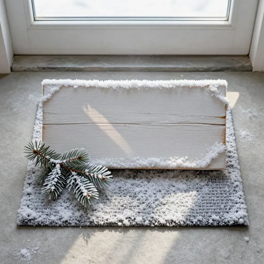 Overhead winter sign by a frosted mat with pine sprig and snow on pale concrete