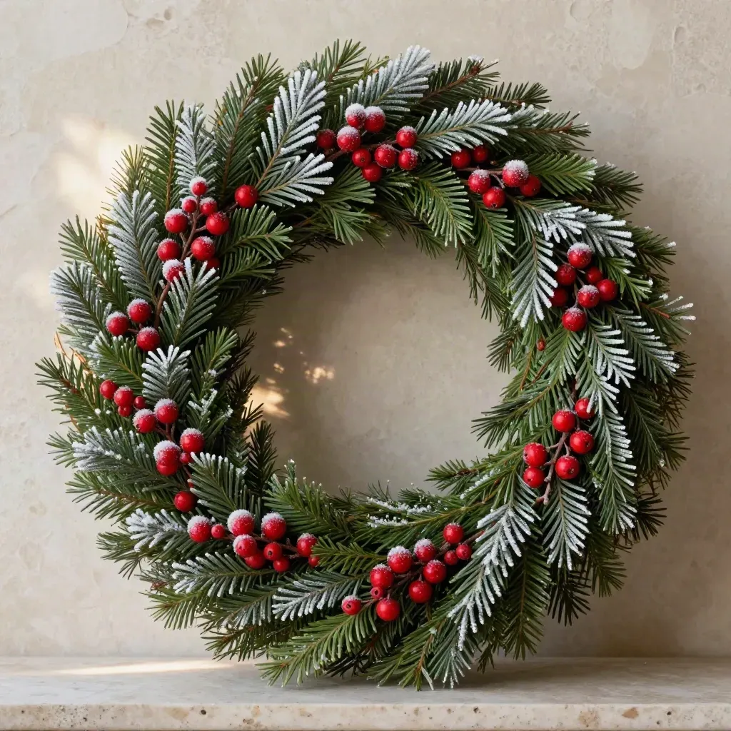 Cedar and berry wreath frosted on travertine, tightly framed and centered.