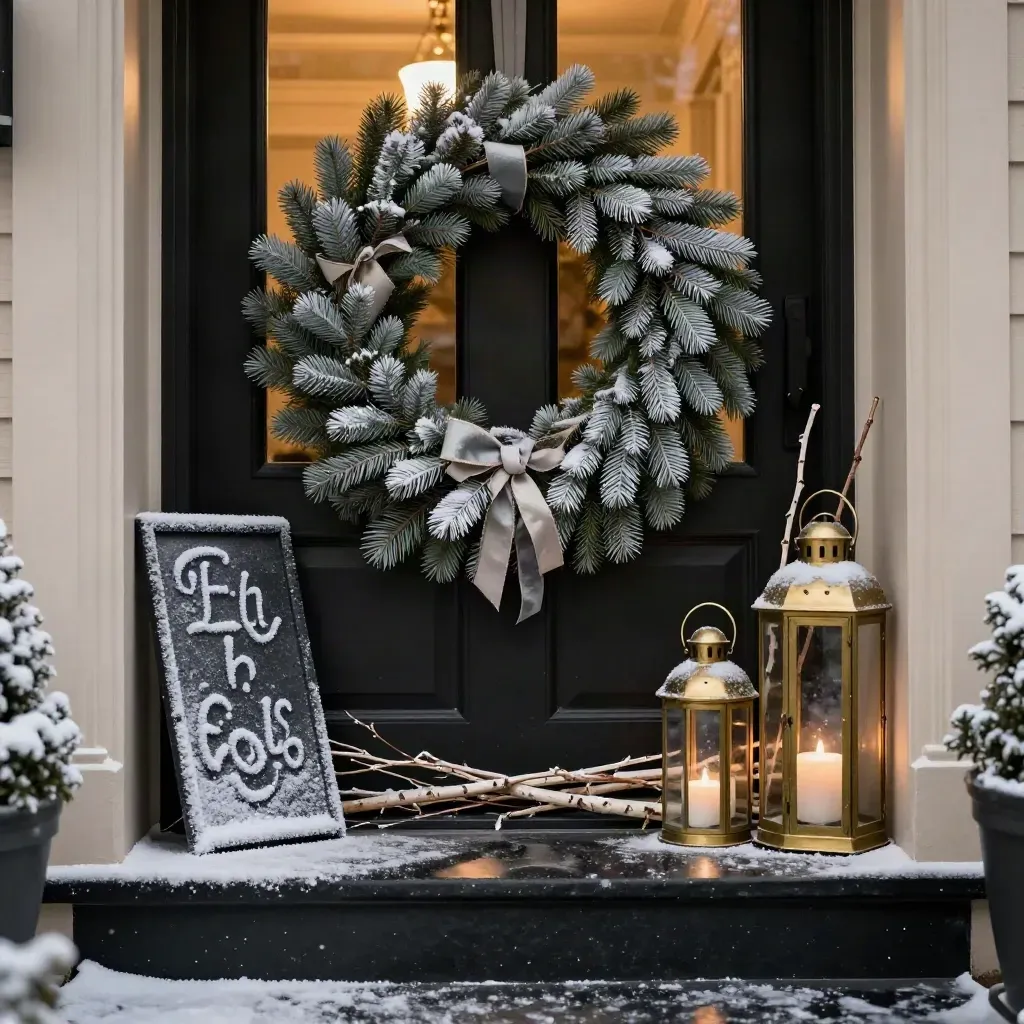 Snowy entryway wreath, garland, lanterns, and frosted sign in a dramatic winter doorway vignette