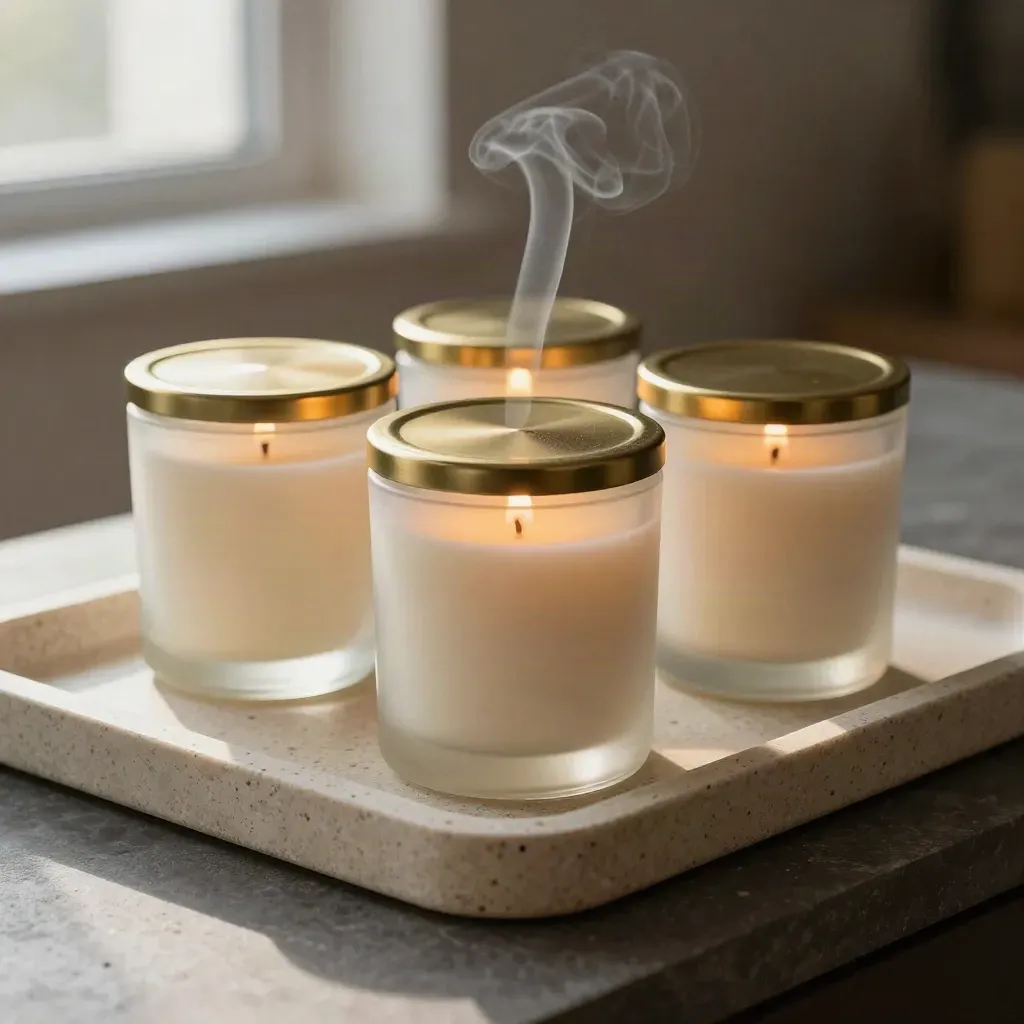 Three frosted candle jars glow on travertine with warm gold lids and soft smoke