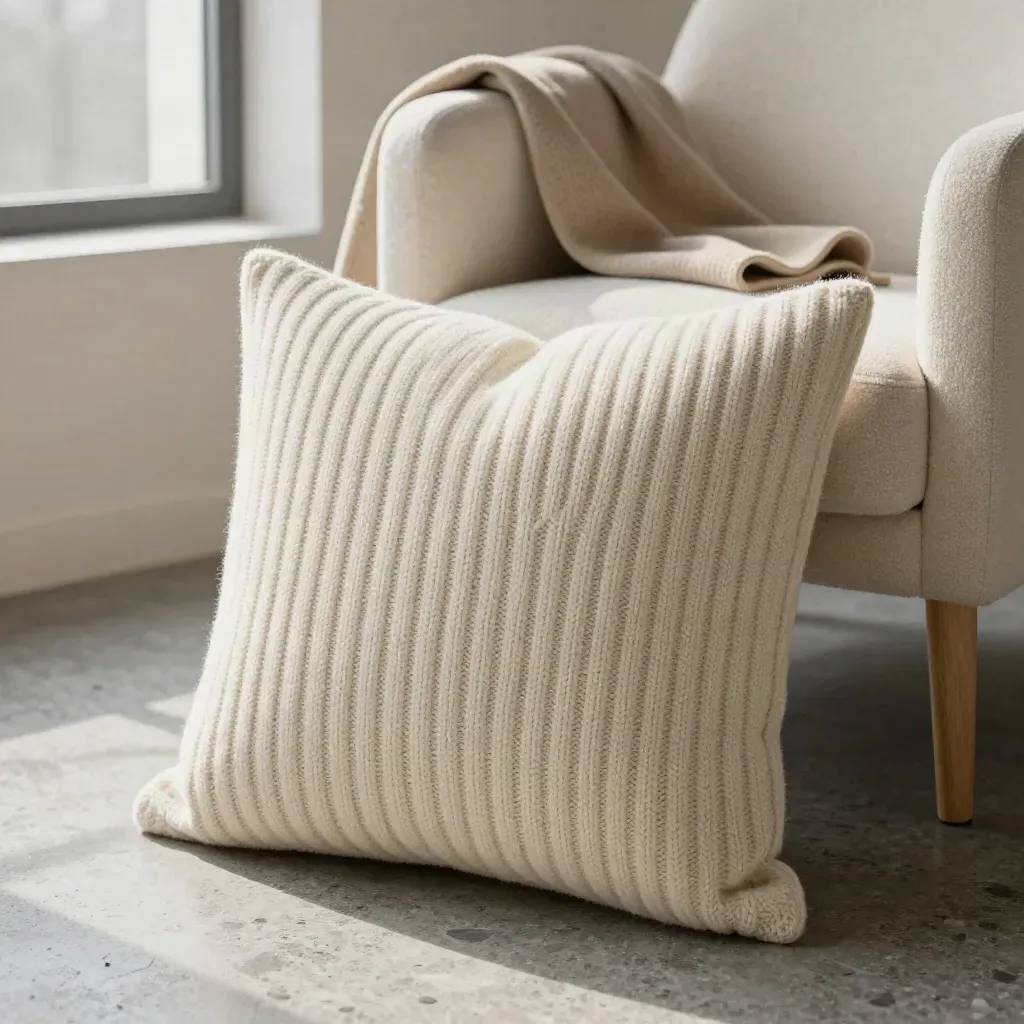 Ivory knit throw pillow in a boucle chair beside a folded throw, lit by soft winter window light.