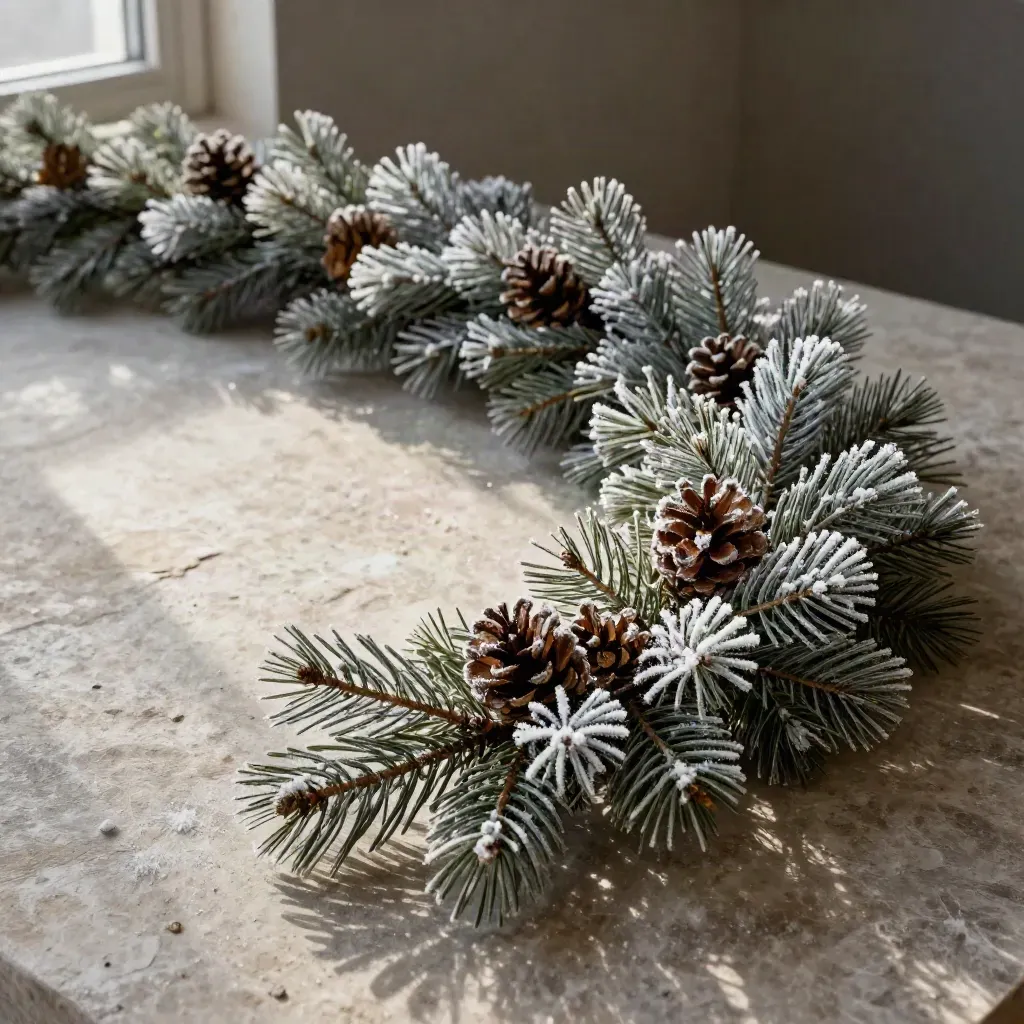 Frosted pine garland in an S-curve across stone, rim lit with icy blue shimmer