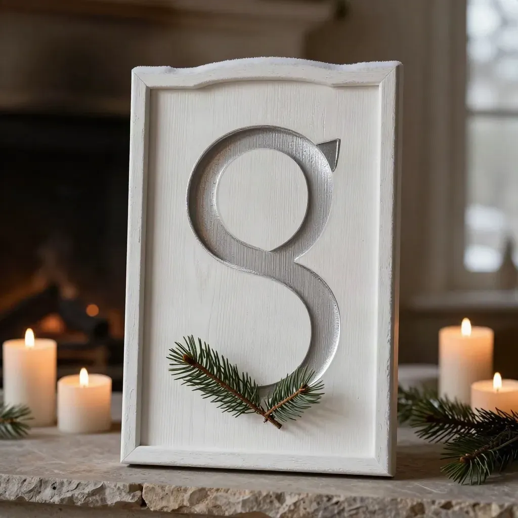 Whitewashed frosted mantel sign with candles and pine sprig on a stone fireplace mantel.