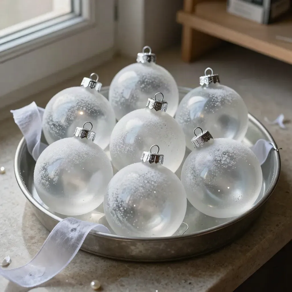 Top-down view of six clear and frosted glass ornaments in a shallow tray with soft winter light.