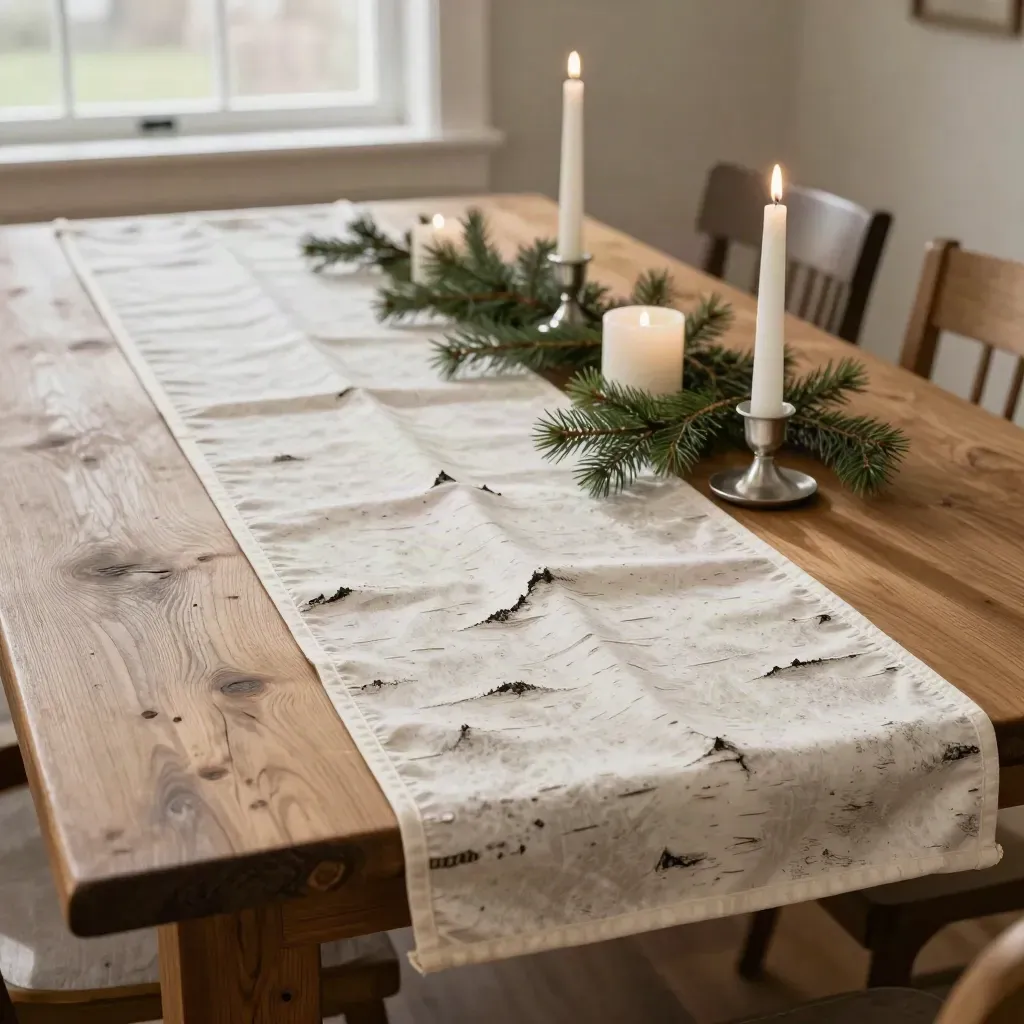 Birch table runner on an oak dining table with candles and pine sprigs, softly lit.