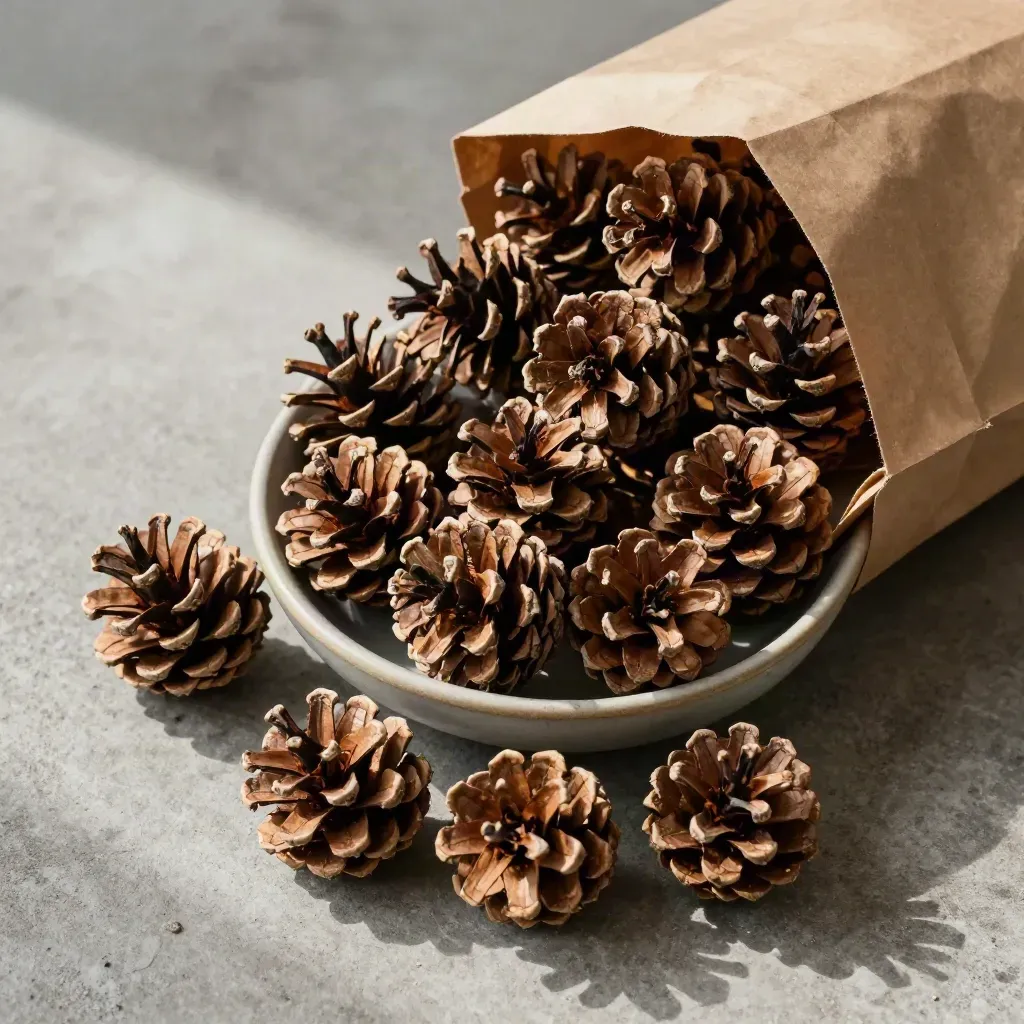 Pine cone fillers spilling from a bag into a ceramic bowl on concrete.