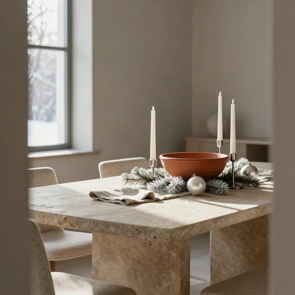 Sunlit winter dining room with a stone table, frosted centerpiece, candles, and blurred linen seating.