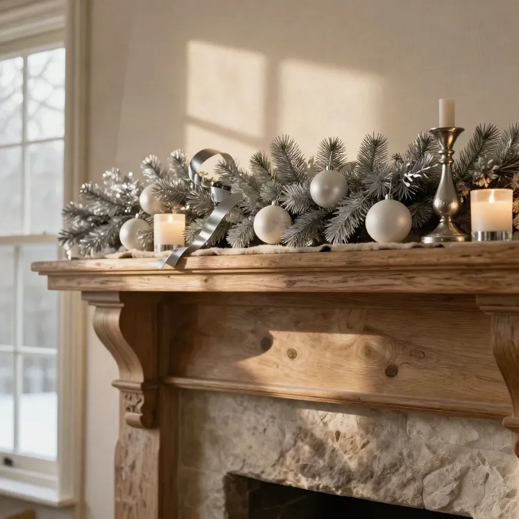 Silver winter mantel accents in a warm heritage living room with soft hearth blur below