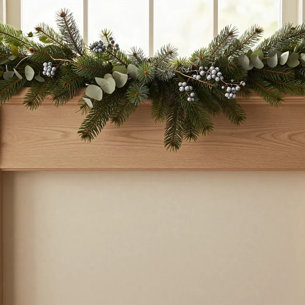 Garland draped over a pale oak mantel with soft window light and open copy space below.