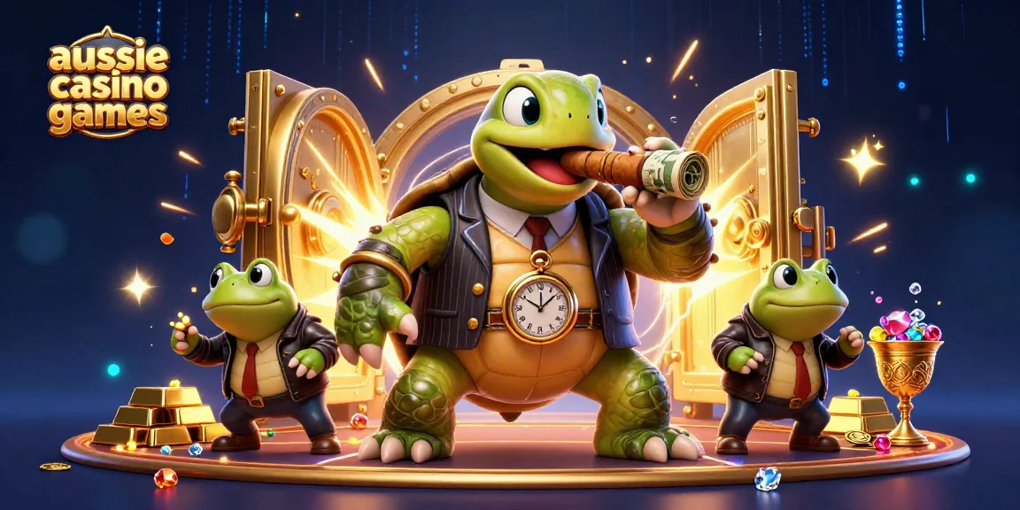 Engage with the lively scene of aussie casino games showcasing a snapping turtle mobster and frog enforcers.