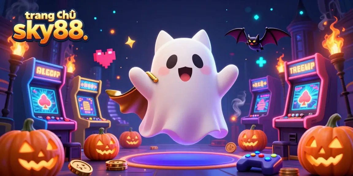 Engage in the magical world of trang chủ sky88 with a vibrant illustration featuring ghostly cats, casino elements, and glowing arcade games.