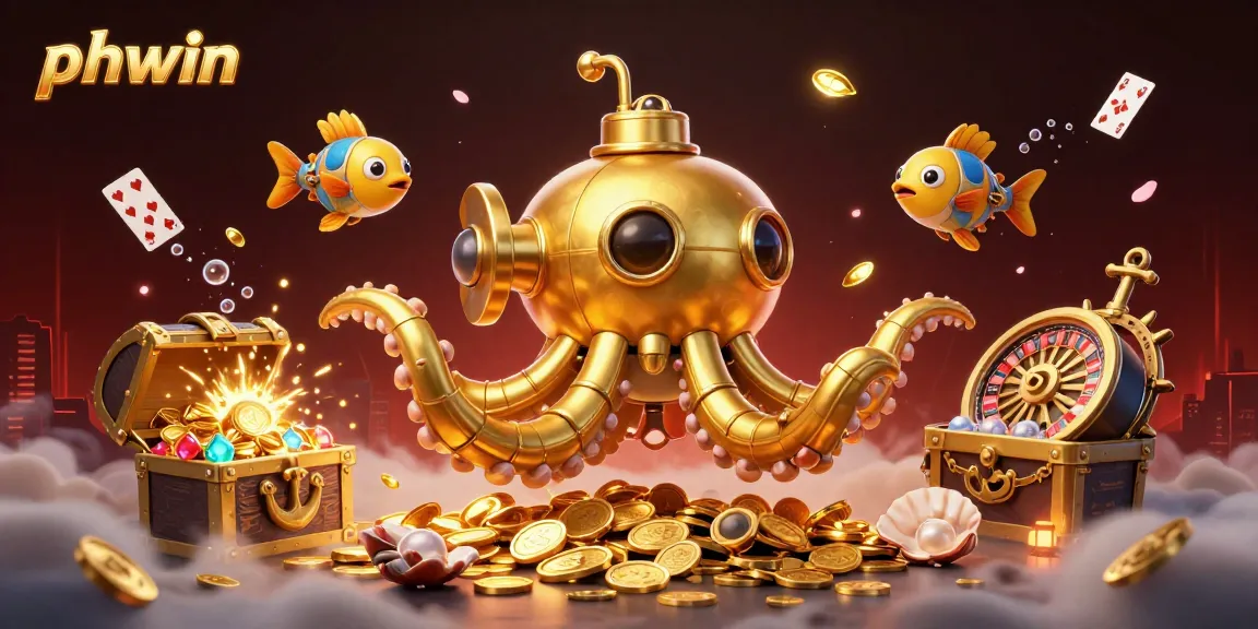 Experience thrilling moments with phwin's vibrant underwater casino illustration featuring playful kraken and mechanical fish.