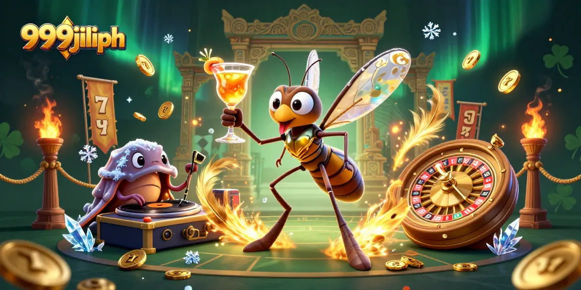 Engage in thrilling gameplay at 999jiliph featuring a frozen mosquito mascot, trilobite DJ, and a golden roulette wheel.