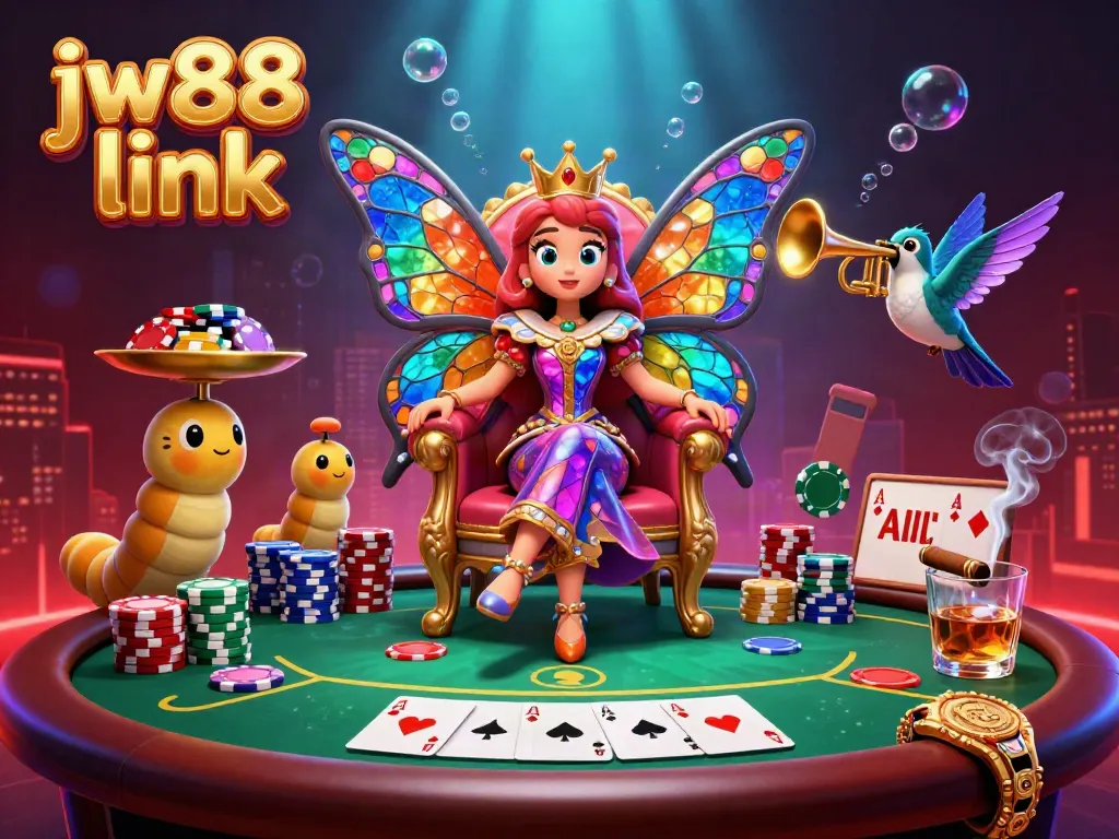 Engage with the vibrant scene of the jw88 link featuring a butterfly queen amidst poker elements and colorful chips.
