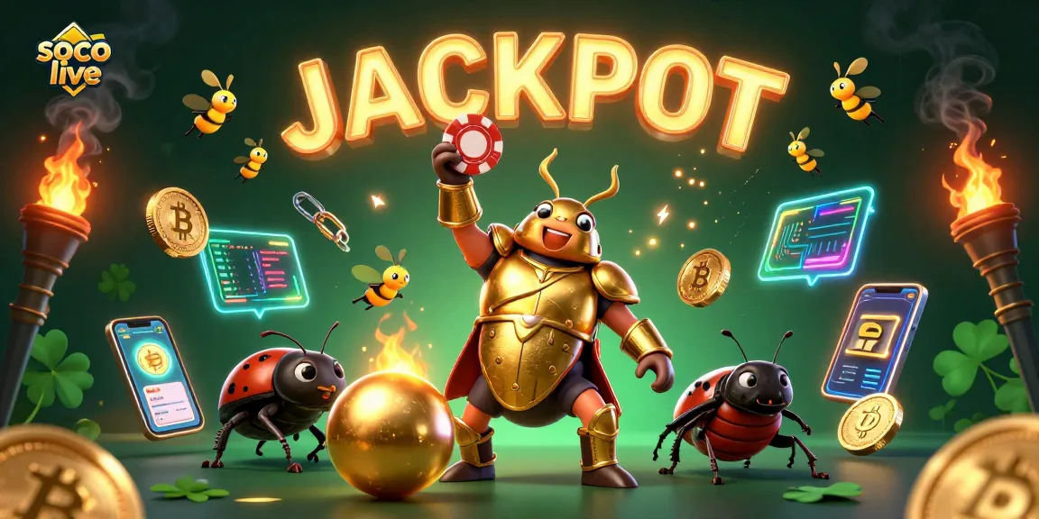 Experience soco live by celebrating wins with captivating visuals of victorious bugs and vibrant casino elements.