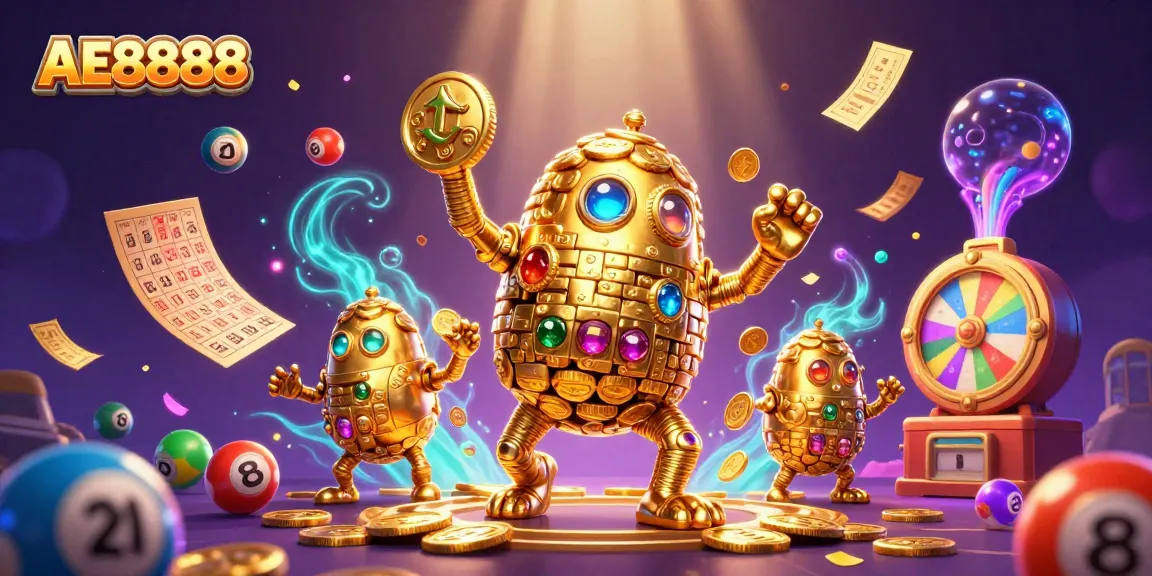 Experience AE8888's dynamic gaming with a vibrant lottery scene and golden golem character.