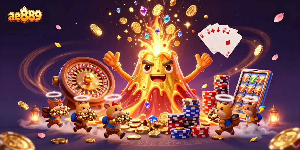 Experience big wins at ae889 with a golden volcano illuminating a treasure-filled casino scene.