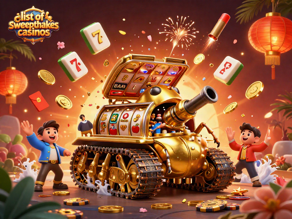 Engage with the list of sweepstakes casinos in a vibrant 3D illustration showing a golden beetle tank and dynamic game elements.