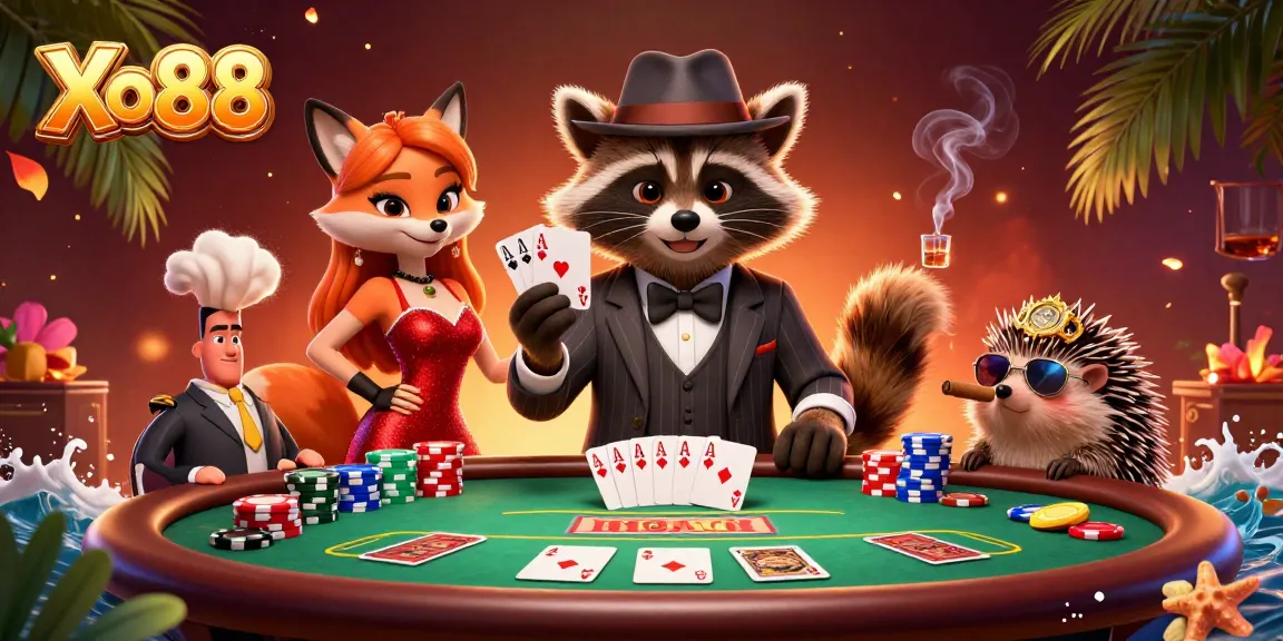 Engage with Xo88 at a lively poker scene, featuring a raccoon, fox lady, and hedgehog bouncer.