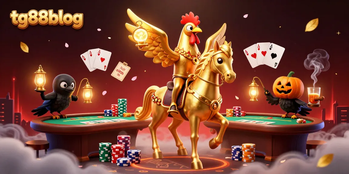 tg88blog showcases a thrilling casino scene with a golden rooster and poker elements