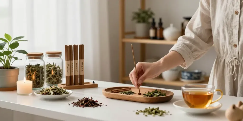 Herbal incense buy online in a serene space with calming tea and natural elements.