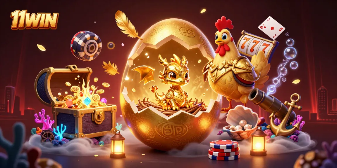 11WIN showcases a thrilling 3D scene of a golden dragon with poker chips, symbolizing rich casino fortune.