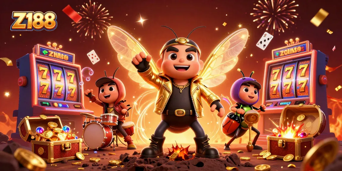 Z188 slots scene featuring a cicada rock star, beetle drummer, and vibrant game elements in a festive atmosphere.