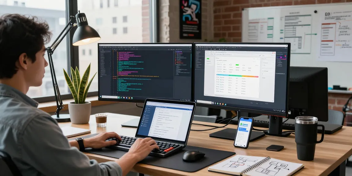 http://www.im-signal.com.cn/软件开发工作区，开发人员在现代站立式办公桌上使用双显示器编写代码，办公室环境典雅。