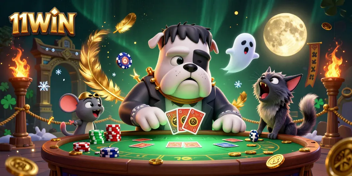 11WIN showcases a thrilling casino scene featuring a Frankenstein bulldog dealing cards and a ghost mouse amid winning tokens.