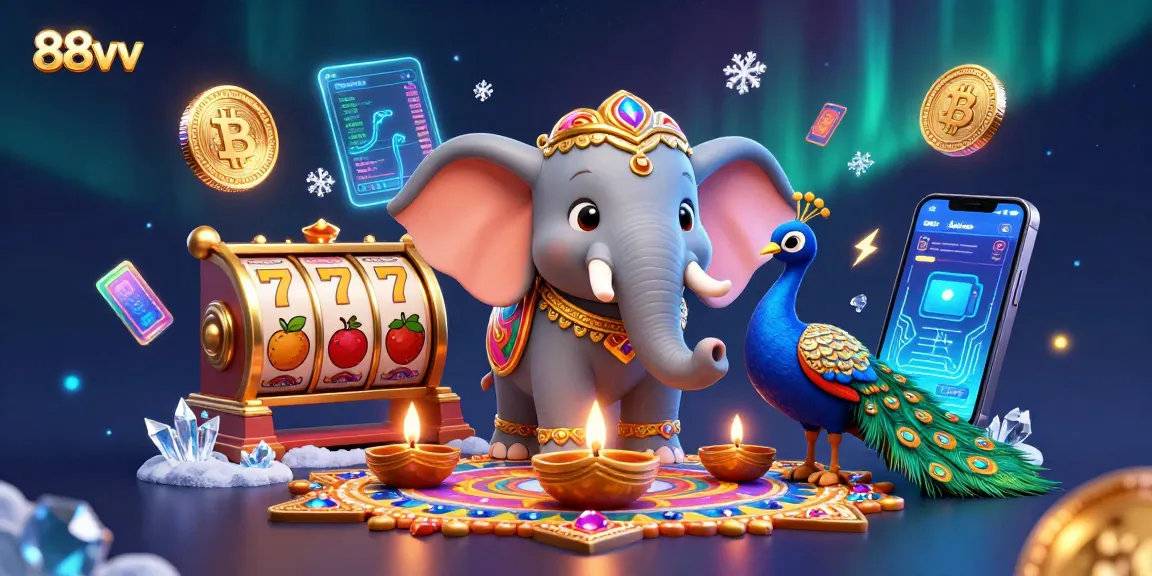 Bet on slot games featuring 88vv-themed characters in a vibrant, festive 3D illustration.