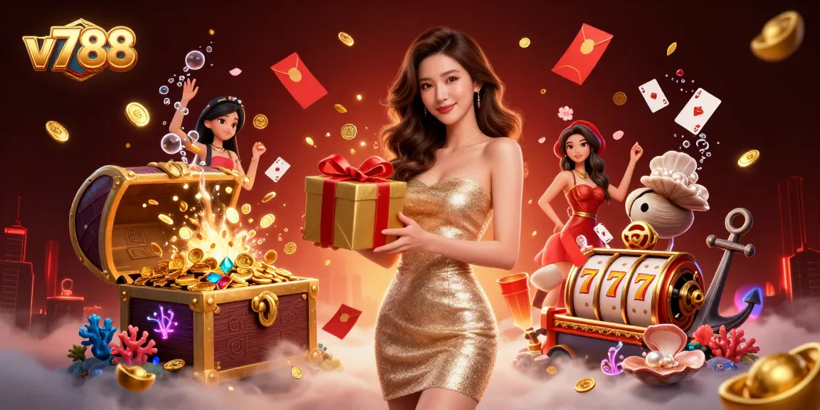 Experience the thrill of v788 with golden coins and festive casino elements spilling across the scene.