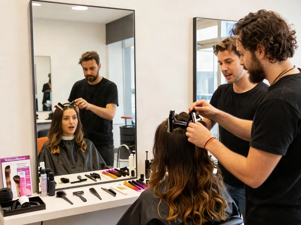Applying easy clip in extensions in a vibrant beauty salon setting.
