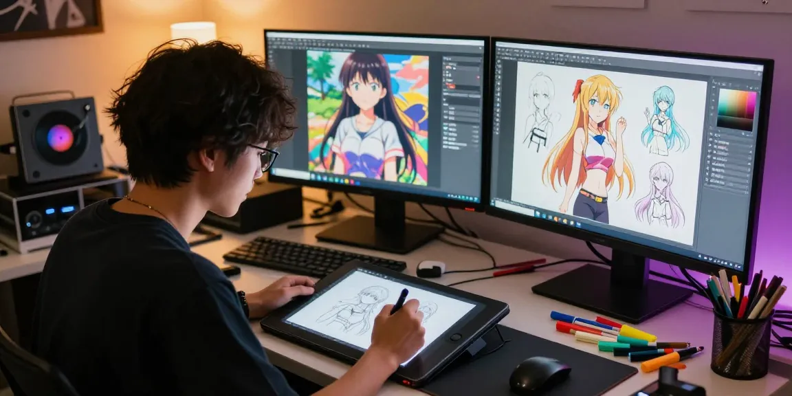 Artistic scene featuring an artist designing ai ecchi characters with digital tools in a creative studio.