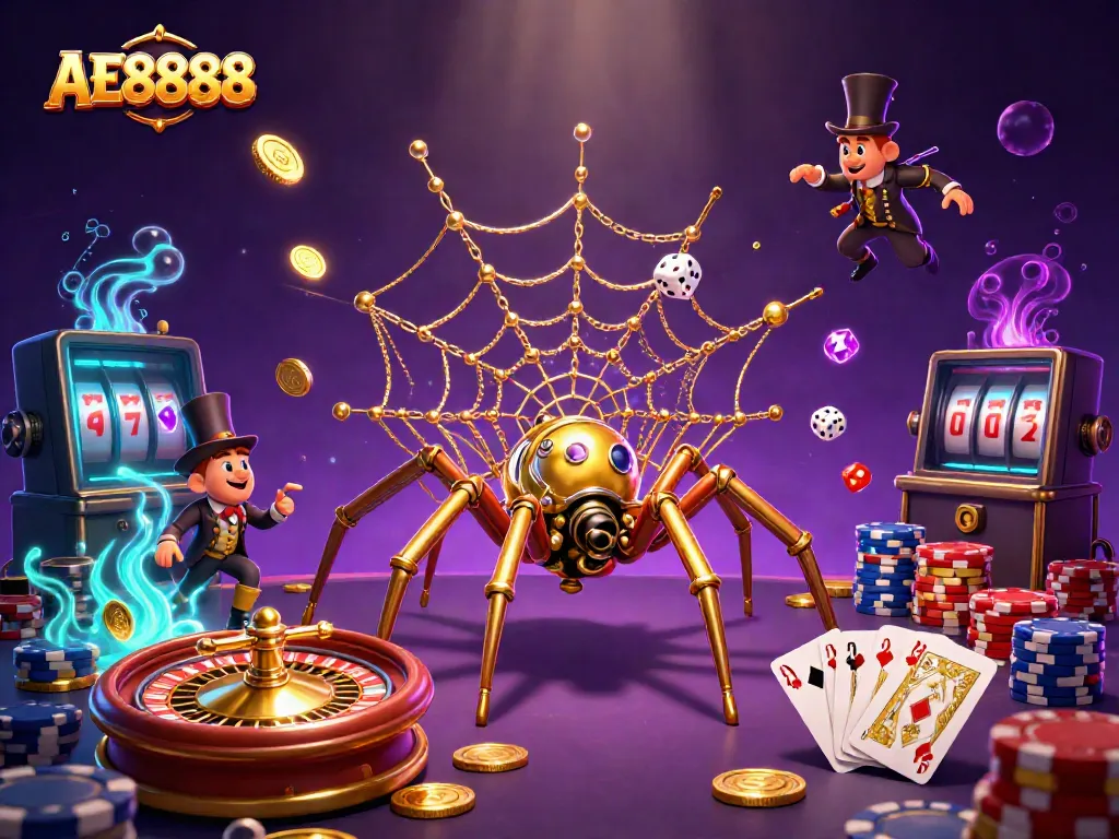 Experience the excitement of AE8888 with golden spiders, dice, and casino elements.