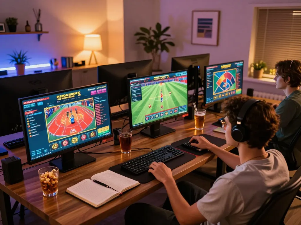 Trải nghiệm sự phấn khích của Liên Kết 12bet trên một thiết lập game tại nhà hiện đại với nhiều màn hình.