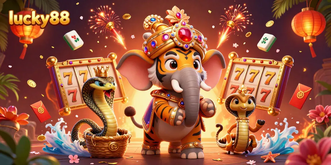 Experience jackpot fun with lucky88, featuring stunning visuals of a maharaja, elephant, and slot elements.