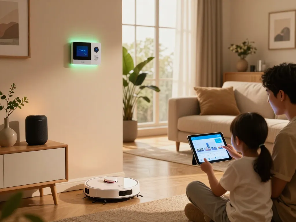 Modern living room showcasing tech gadgets for home, including smart devices and family interacting with a tablet.