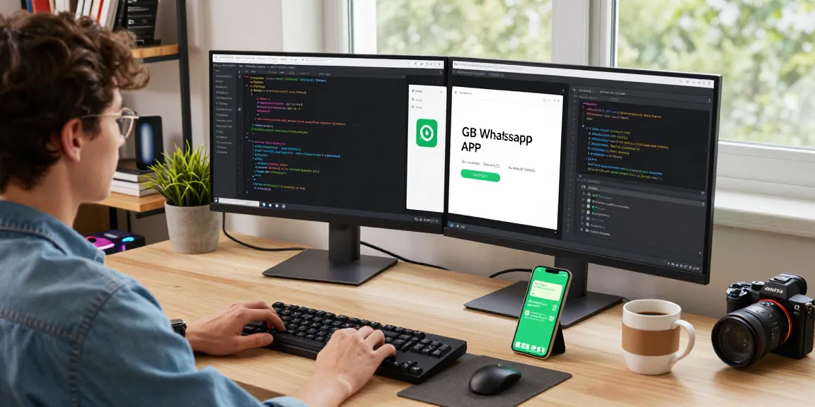 Explore the benefits of GB WhatsApp APK with a dynamic tech workspace showcasing advanced features.