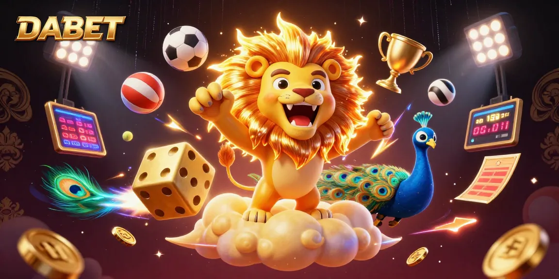 DABET engages players with a thrilling online casino experience featuring dynamic sports elements and a triumphant sun lion.