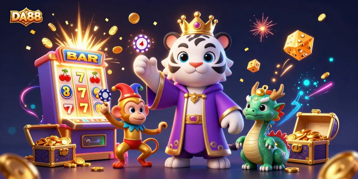 Experience excitement at DA88 with a royal tiger, playful monkey, and jade dragon in a vibrant casino scene.