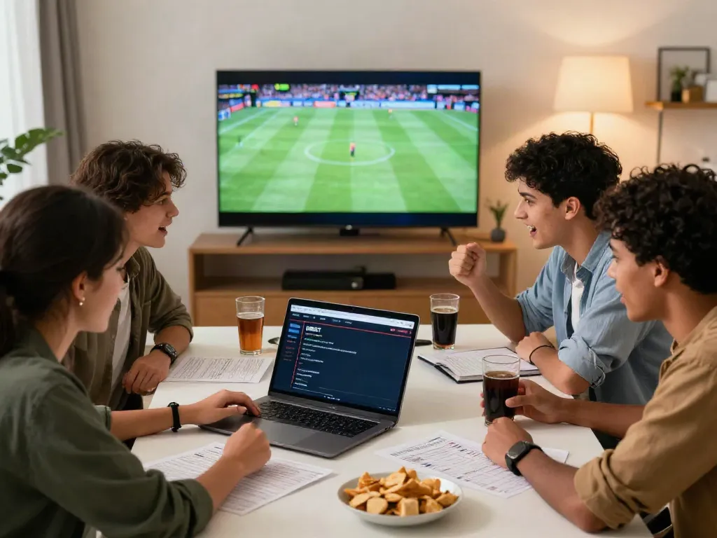 Friends enjoying online sports betting with DEBET during an exciting game night