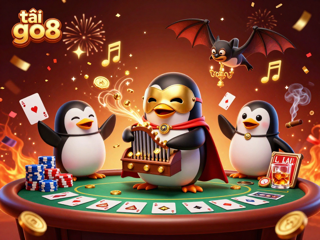 Experience the thrill of tải go88 as the opera penguin unleashes gold coins amidst an exciting casino backdrop.