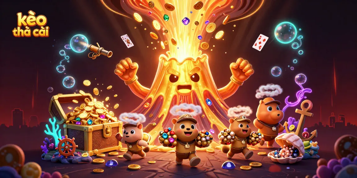 Engage with exciting kèo nhà cái action featuring a triumphant golden volcano erupting treasure in a vibrant casino scene.