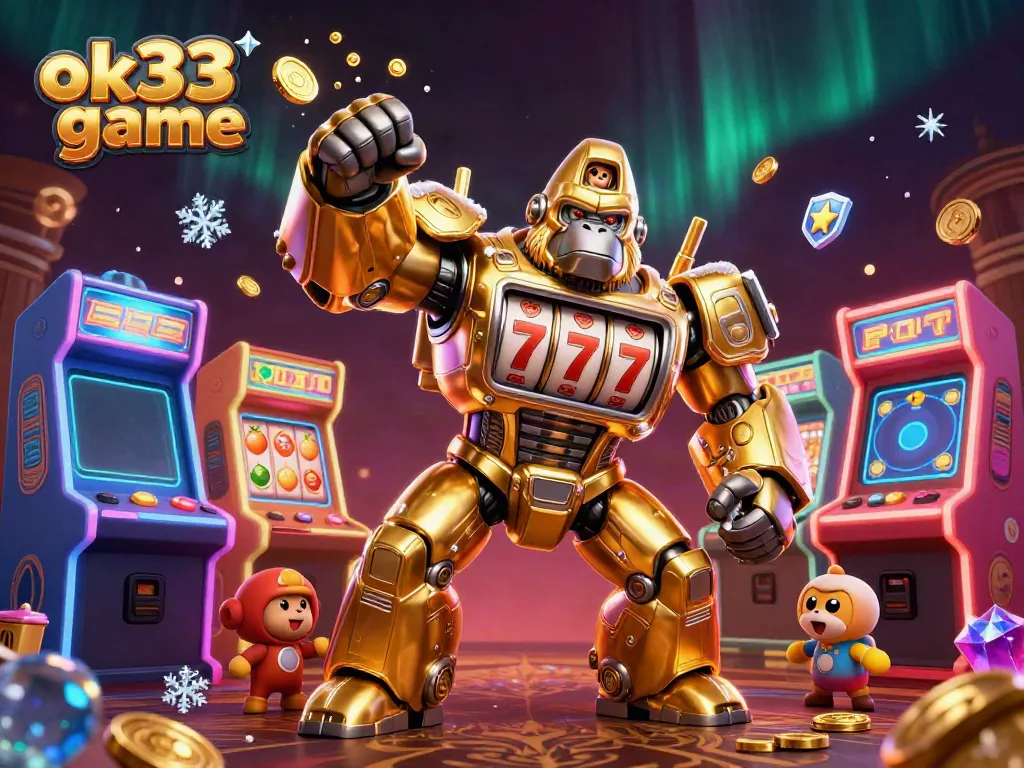 Experience the thrilling ok33 game with a dynamic gorilla mech and vibrant casino elements.