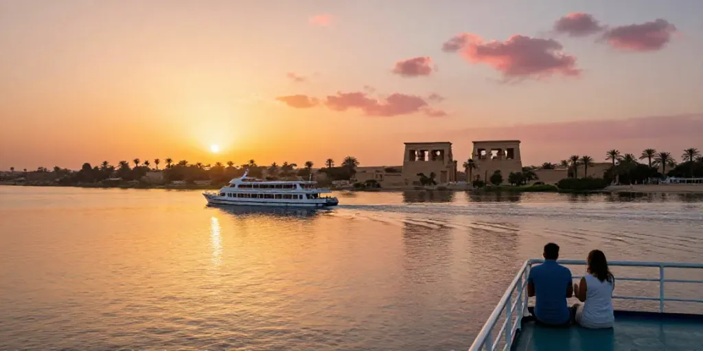 Lake Nasser Cruise showcasing a luxury ship at sunset with ancient temples and palm trees in view.