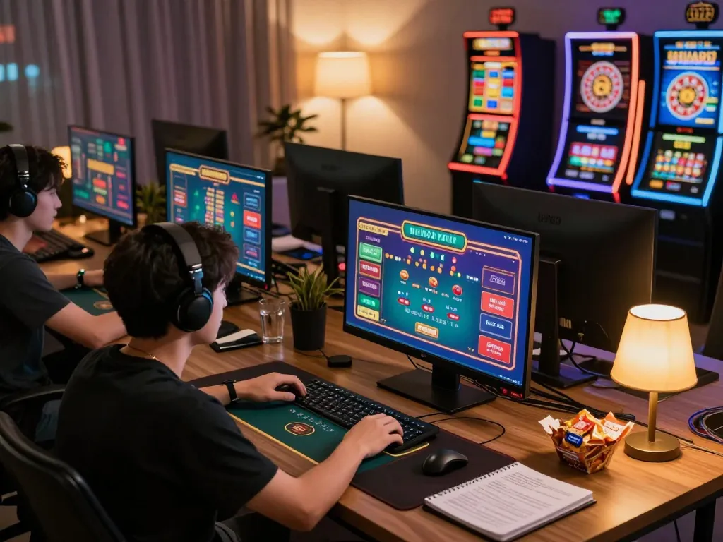 Nohu online gaming setup with vibrant screens depicting poker and slots, capturing engaging gameplay.