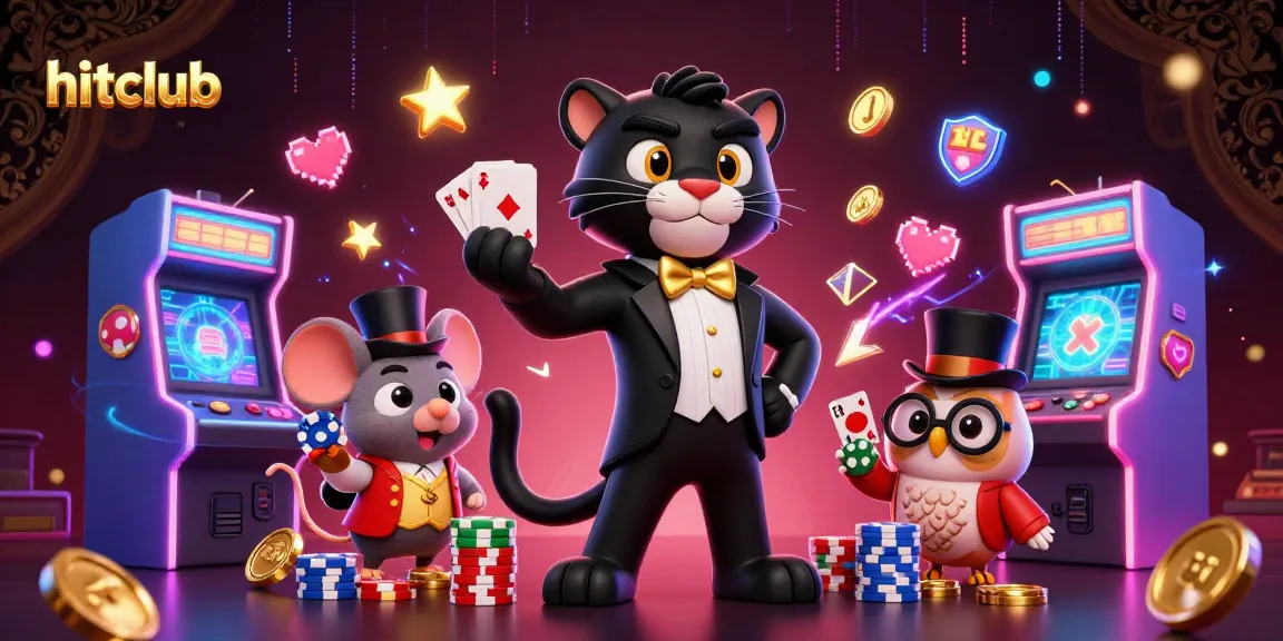 Engaging scene of hitclub with characters playing cards, vibrant casino elements around them.