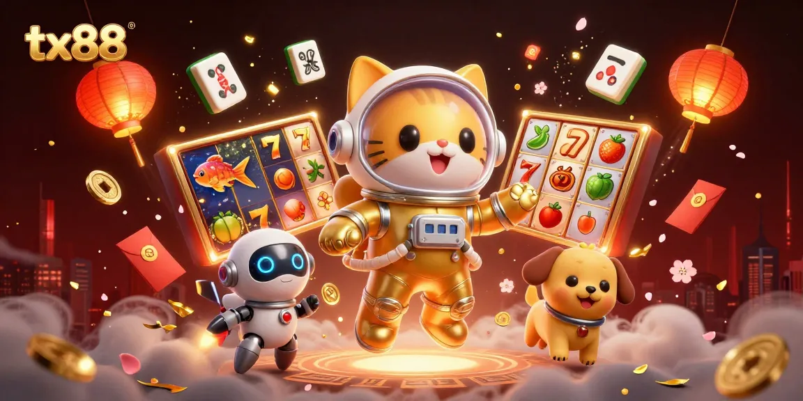 tx88 slots scene featuring a golden astronaut cat, robot dog, and vibrant gaming elements.