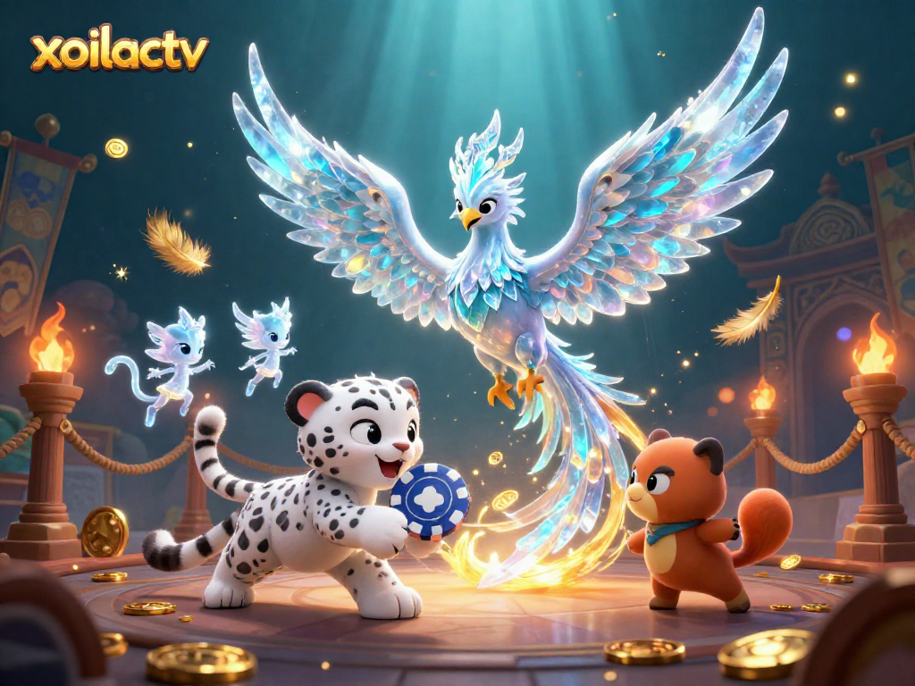 Engage with the magic of xoilactv as a snow leopard cub plays with an ice poker chip in a vibrant casino scene.