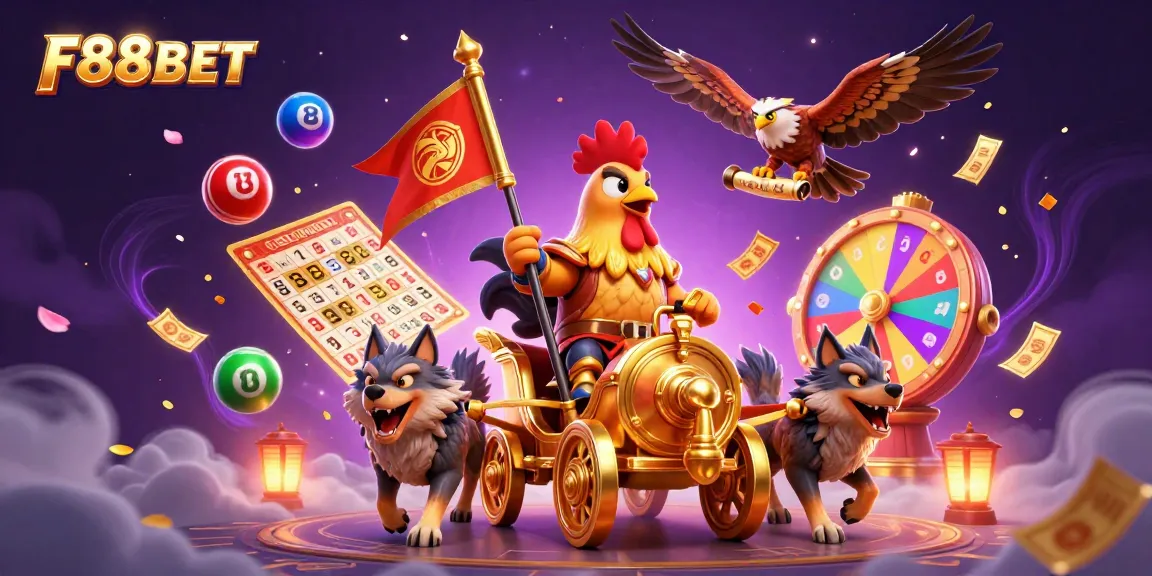 Engage with F88BET's thrilling online casino experience featuring vibrant gaming elements and dynamic characters.